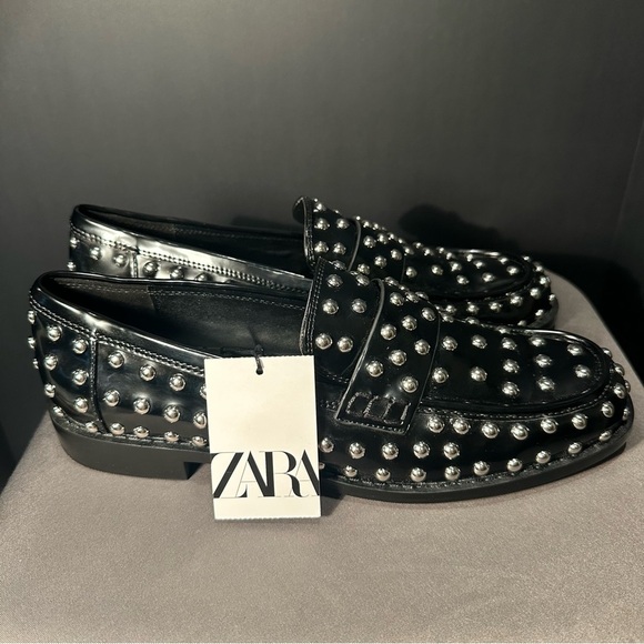 Zara Women's Black Studded Loafers - Picture 2 of 9